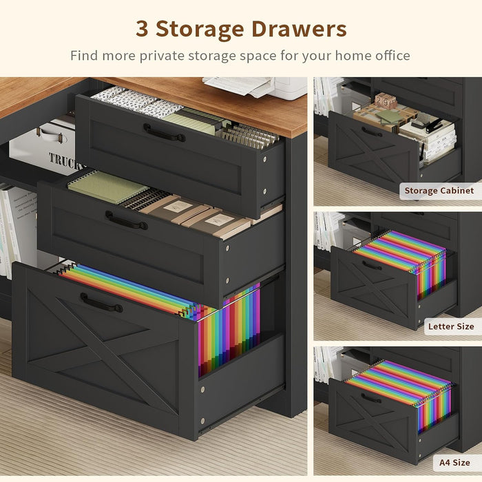 Farmhouse L Shaped Computer Desk with Drawers, Power Outlet for Home Office