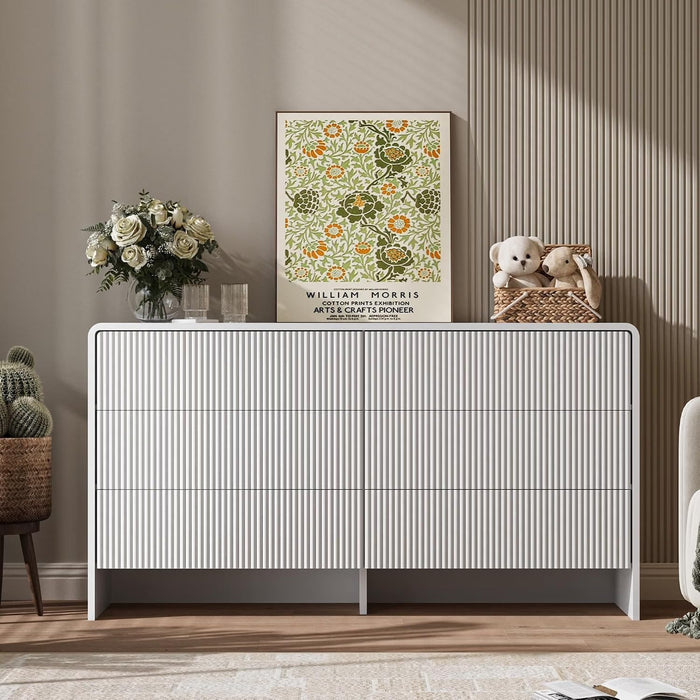 55" Wide Modern Curved 6 Drawer Dresser，White