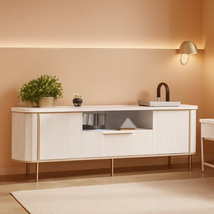 TV Consoles for Living Room: 70" Luxury Fluted White and Gold TV Stand Fits Tvs up to 80 Inch, Faux Marble Top Entertainment Center with Doors (White, 70 Inch TV Stand)