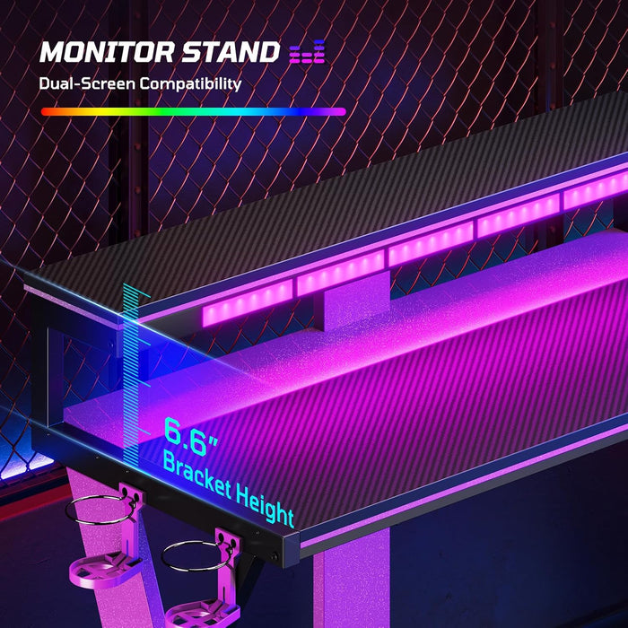 Computer Desk with Music Sync Light, Flow Vibe Corner Desk with Monitor Stand and PS5 Storage Shelves, Cup Holders, and Headset Hooks for Bedroom Small Space (Black Purple, 57 Inch)