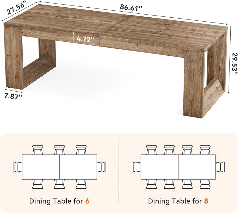 86.6-Inch Solid Wood Dining Table with Double Pedestal for Dining Room (Retro Brown)