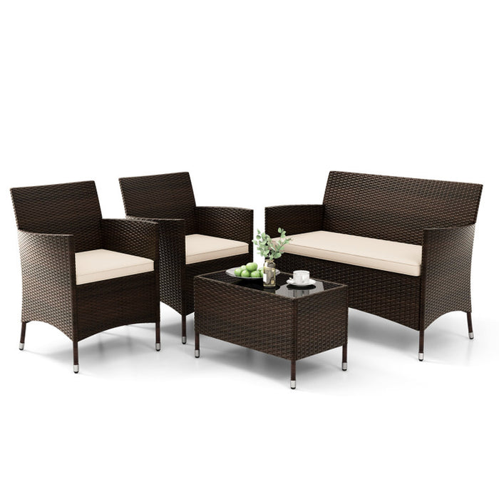 4 Pieces Comfortable Mix Brown Outdoor Rattan Sofa Set with Glass Coffee Table