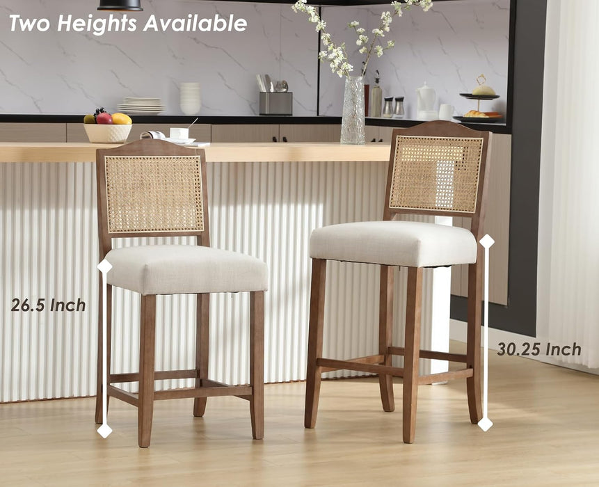 30 Inch Counter Height Stools Set of 2 Rattan Farmhouse Barstools Mid Century Modern Bar Chairs Upholstered Kitchen Bar Stools with Wood Legs for Island/Dining Room, Linen Beige