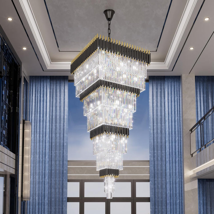 W32In X H94.5In Large Black Gold Crystal Chandelier,Square Crystal Raindrop Chandelier High Ceiling Pendant Light for Entrance Villa Foyer Ceiling Lighting Fixtures