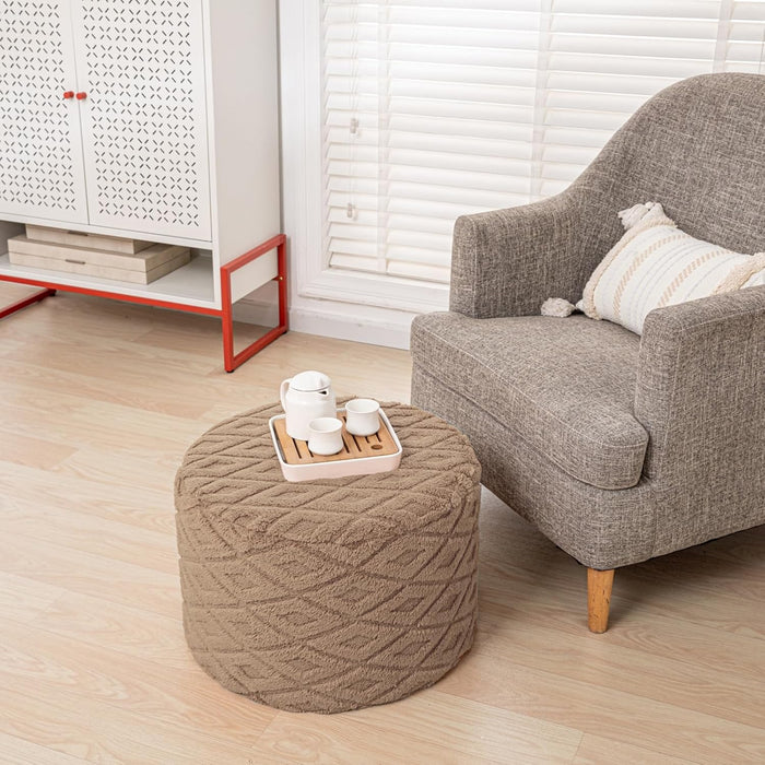 Fluffy round Ottoman Pouf with All-In-One Foam Filling 20" X 14" Furry Ottoman Foot Rest Foot Stool for Living Room or Bedroom (Light Coffee)