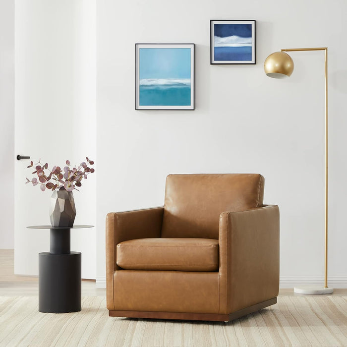 Swivel Accent Chair, Faux Leather FSC Certified Mid Century Modern Arm Chair for Living Room and Bedroom, Fully Assembled, Saddle Brown