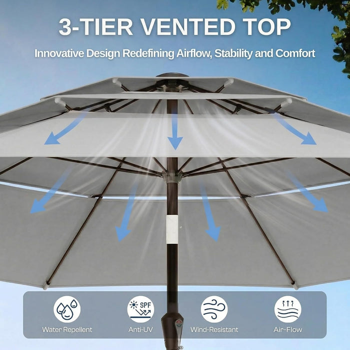 10Ft Patio Umbrella, 3 Tier Outdoor Market Table Umbrellas with 8 Fiberglass Ribs and Push Button Tilt, Windproof, Vented Canopy, UV Protection for Deck, Pool, Backyard