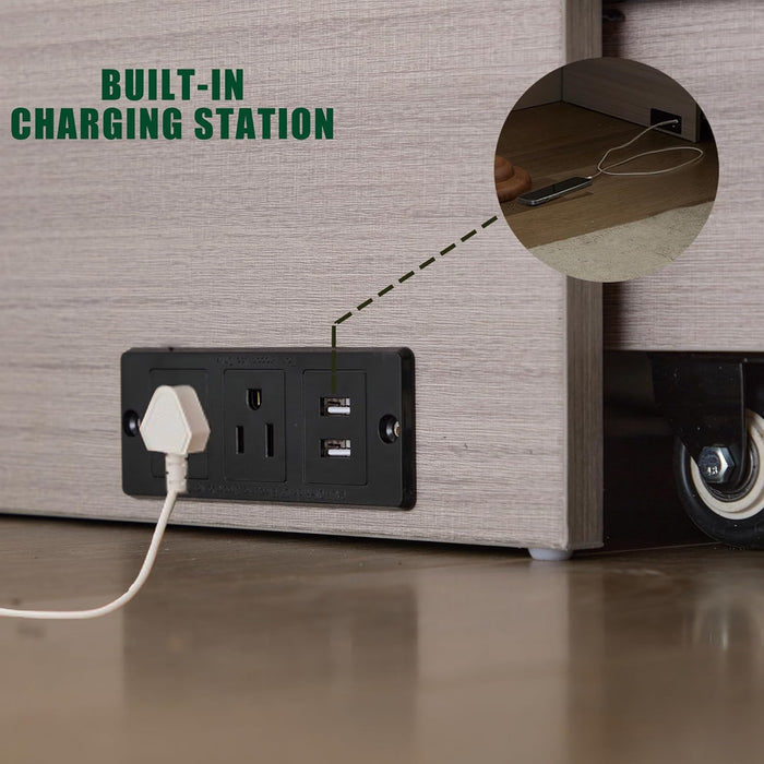 Queen Size Murphy Bed Wall Chest with Oversized Drawers and Folding Foam Mattress,Wood Hideaway Cabinet Platform Bedframe W/Set of Sockets & USB Ports,Space-Saving,For Small Room,Gray