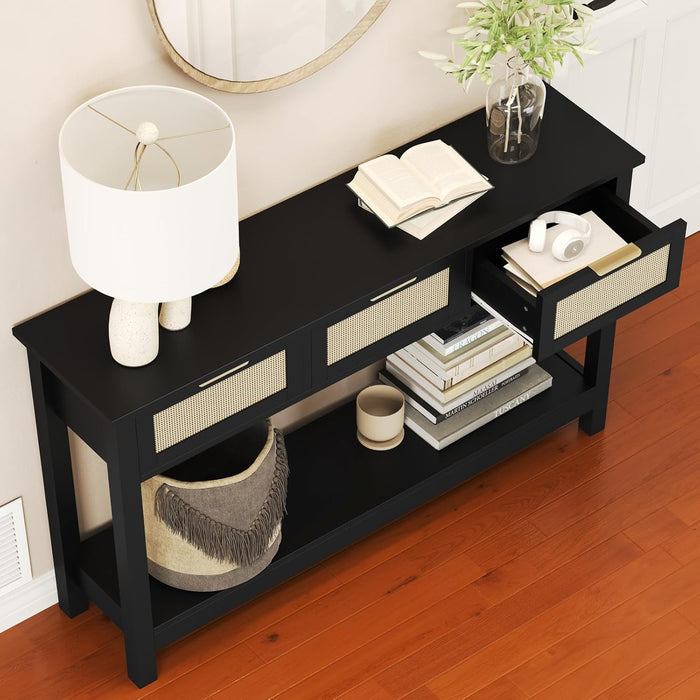 Entryway Console Table with 3 Rattan Drawers - Long Sofa Table behind Couch Modern Fluted Hallway Living Room Storage Cabinet, Entry Table Open Shelf Foyer Furniture, Anti-Tip, Black, 47 Inch