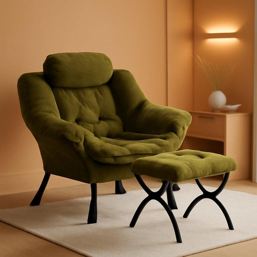 Lazy Chair with Folding Ottoman,Leisure Sofa Chair,Soft Fabric Armchair with Armrests and Side Pockets, Reading Chair with Footrest for Living Room, Bedroom, Office (Plush Green)