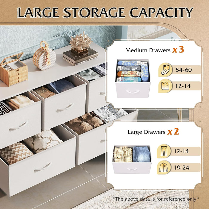Dresser for Bedroom with 5 Drawers, Wide Chest of Drawers, Fabric Dresser, Storage Organization Unit with Fabric Bins for Closet, Living Room, Hallway, White