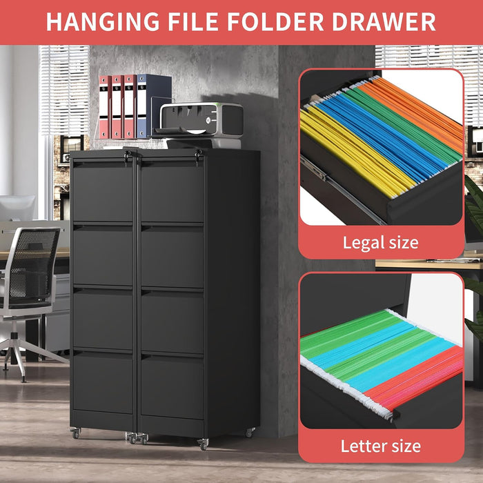 4 Drawer Mobile File Cabinet with Lock,Black Metal Filing Cabinets