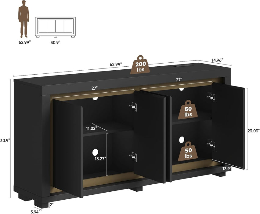 63"Sideboard Buffet Cabinet,Kitchen Buffet Storage Cabinet with Power Outlets & LED Light, Modern Storage Cabinet with 4 Doors,Coffee Bar Console Wine Bar for Living Room,Kitchen,Hallway (Black)