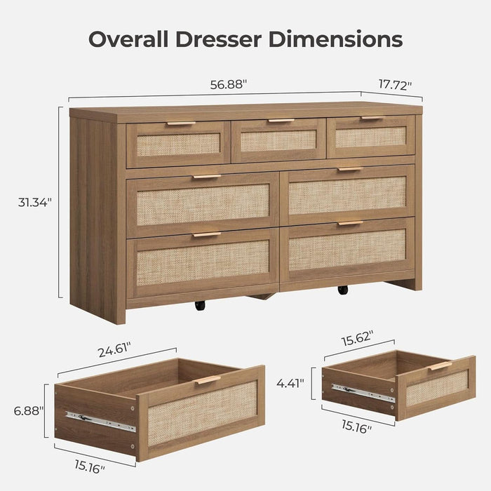 7 Drawer Dresser for Bedroom, 57" Wide Rattan Dressers, Large Chest of Drawers for Bedroom, Dresser TV Stand, Boho Closet Organizer (Reclaimed Caramel Oak, 7 Drawers (1 Pc))