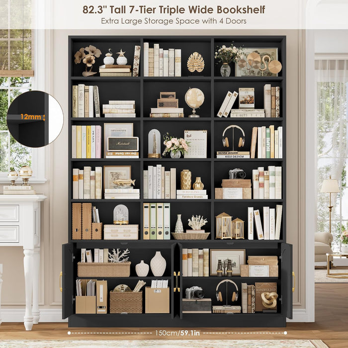 82.3" Triple Wide Bookshelf, Tall Bookcase with 4 Doors, Black
