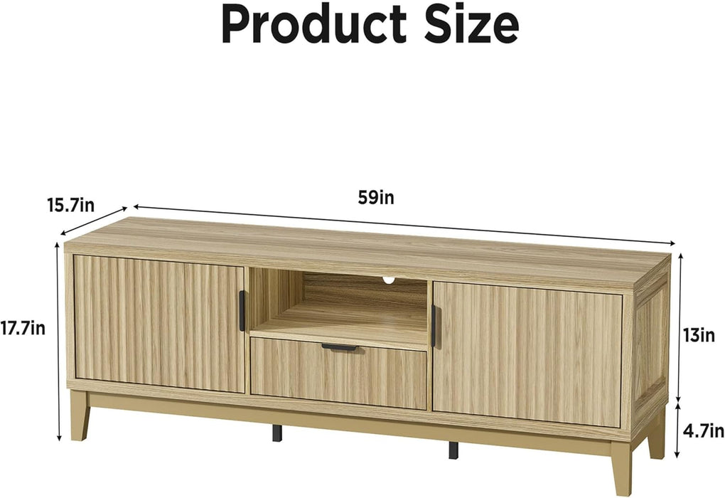 59" Fluted TV Stand for Tvs up to 65 Inch, Entertainment Center with Storage Cabinets, Modern Console Table with Drawer and Adjustable Shelves, Media Console Cabinet for Living Room