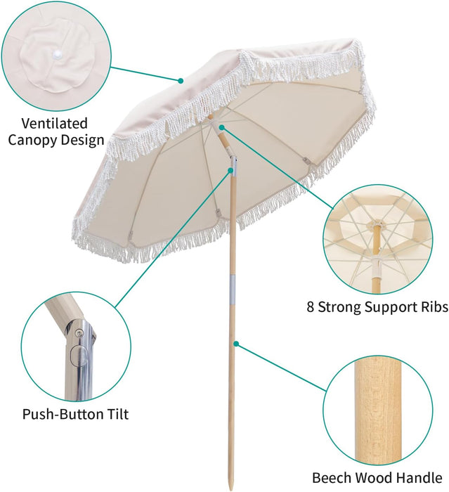 Boho Patio Umbrella, 6FT Beach Umbrella with Fringe, Wooden Pole