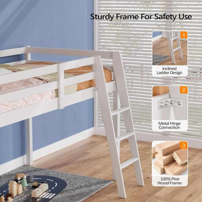 47'' Tall Junior Low Loft Bed with Stairs, White Wood Loft Bed Twin Size for Adults, Kids and Young Teens, No Box Spring Required,Wood Slat Support