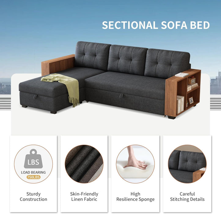  Sectional Sofa Bed Dark Grey, L-Shaped, 84"