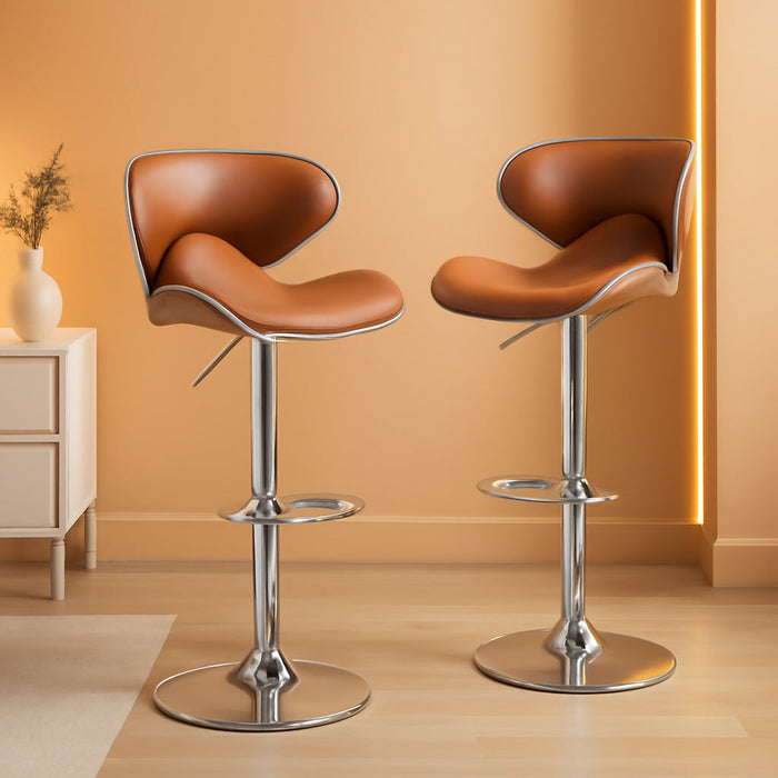 Masaccio Cushioned Leatherette Upholstery Airlift Adjustable Swivel Barstool with Chrome Base, Set of 2, Caramel