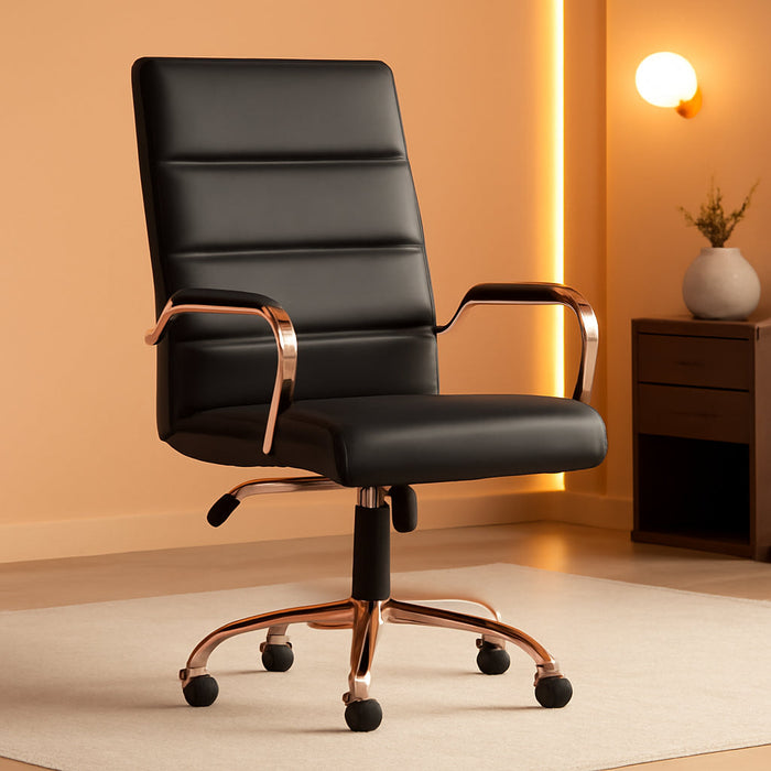 Whitney Mid-Back Swivel Leathersoft Desk Chair with Padded Seat and Armrests, Adjustable Height Padded Leathersoft Office Chair, Black/Rose Gold