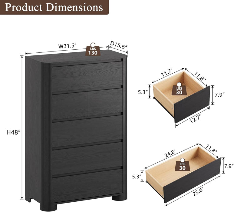 Black Dresser for Bedroom with 6 Drawers, 48" Tall Modern Chest of Drawers with Unique Thickened Foot, Rounded Corner Design, Wooden Dresser Organizer for Bedroom, Living Room, Hallway