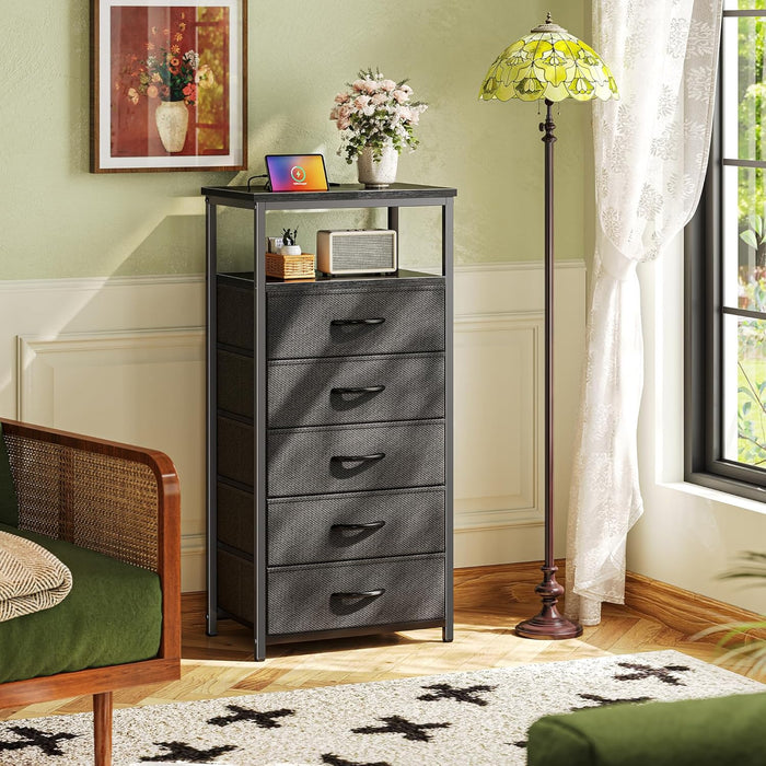Black Five Drawer Dresser With Integrated Charging