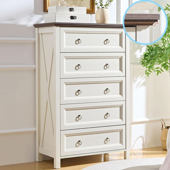 48" H Tall Dresser for Bedroom, Farmhouse 5 Drawer Dressers, Wood Chest of Drawers with 1.2" Thickened Top, Antique White
