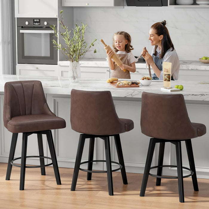 Counter Height Swivel Bar Stool, 24" Upholstered PU Leather Barstools Set of 3, Counter Stool Chair with Back & Solid Wood Legs for Kitchen Island Dining Room (Brown)