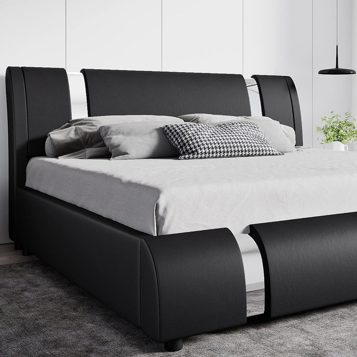 Queen Bed Frame with Iron Pieces Decor, Faux Leather, Black