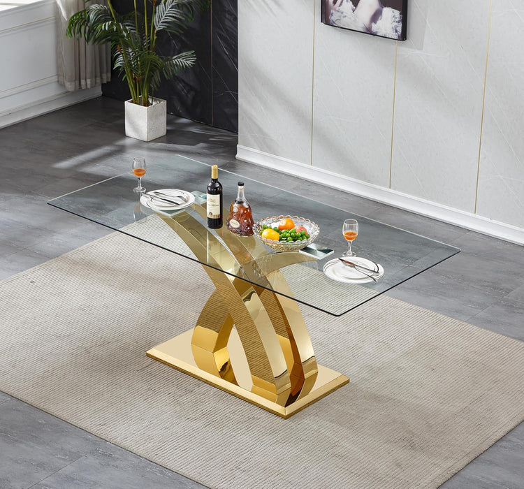 70" Gold Tempered Glass Dining Table, Modern Glass Kitchen Table Dining with Tempered Glass Tabletop and Unique Stainless Steel Pedestal, Modern Kitchen Dining Room Table for 8