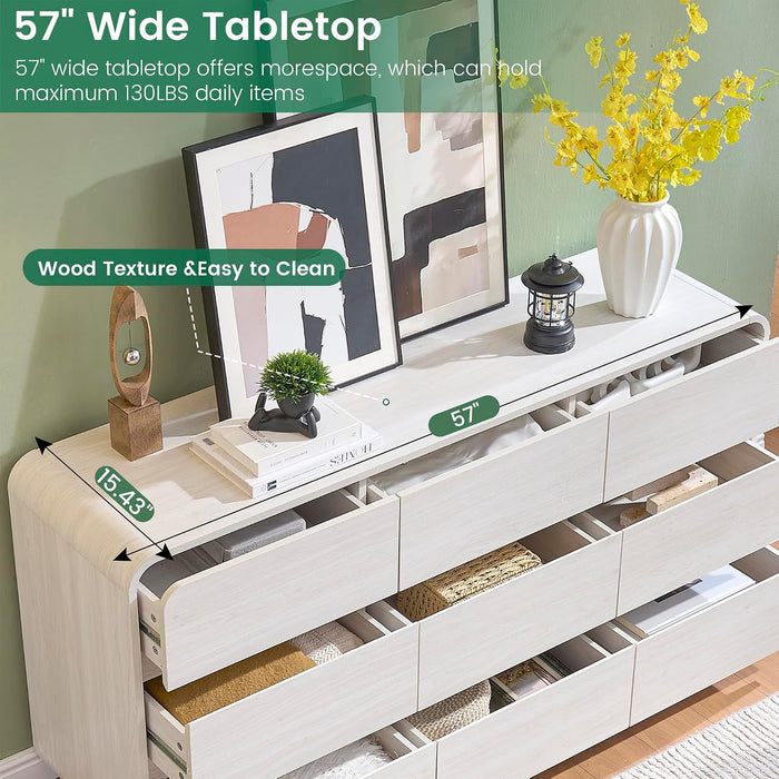 White Dressers of 9 Drawers, Chest Dresser with Deep Drawers, Modern Dresser Closet for Bedroom, Curved Drawer with Large Storage, 57'' Wide