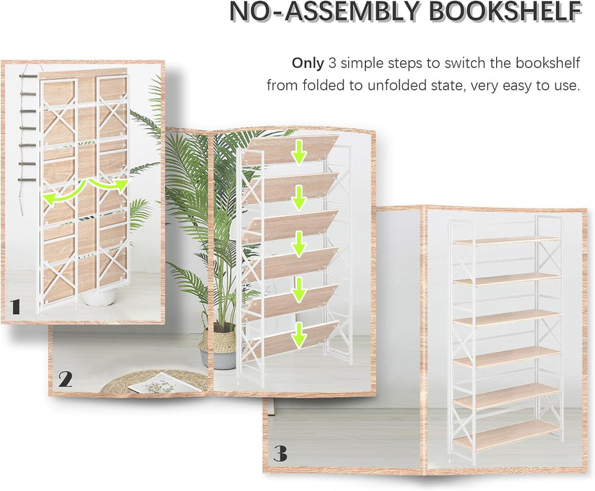 Extra Wide 6 Tiers No Assembly Book Shelves, 61.8" H Folding Bookshelf Bookcase Open Industrial Foldable Shelves for Bedroom, Living Room, Home Office - Natural White