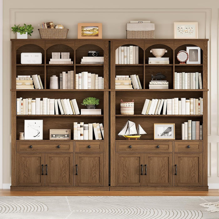 73.2" Tall Farmhouse Arched Bookshelf with Drawer and Door, 6 Tier