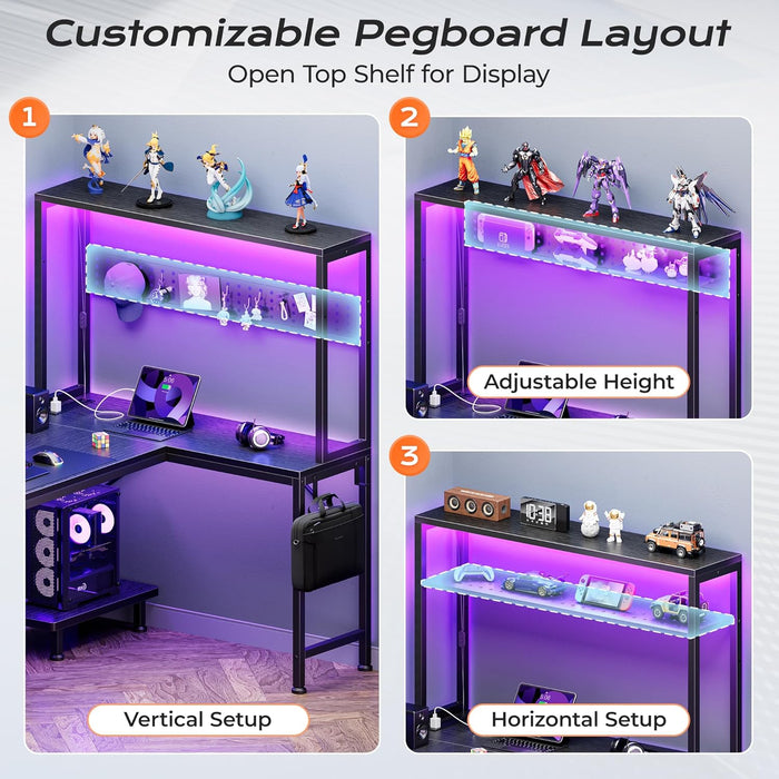51.2" L Shaped Gaming Desk with Power Outlets & USB-C Port, LED Lights, Computer Desk with Pegboard, Corner Desk with Storage Shelves & Bag, Office Desk with CPU Stand for Home Office, Black