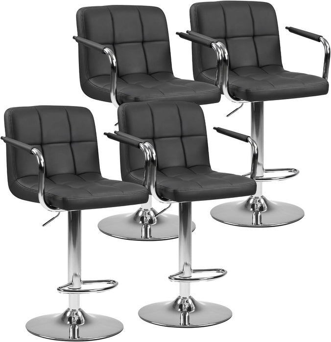 Swivel Bar Stools Set of 4, PU Leather Counter Height Bar Chairs | Adjustable Height, Barstools with Metal Armrests, Backrest, Water-Resistant, Kitchen Island, Pub, Dining Room, Black