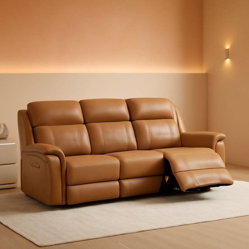 Genuine Leather Power Recliner Sofa, Wall Hugger Reclining Sofa with Drop down Table, Power Headrest, Drawers, Charging Ports, Reclining Sectional Couch for Living Room, RV, Saddle