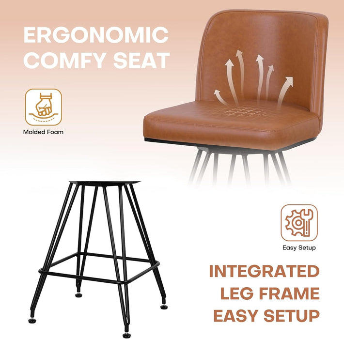 Swivel Bar Stools Set of 4, 26 Inch Counter Height Barstools, Faux Leather Bar Stool with Backs and Solid Metal Legs, Industrial Heavy Duty Counter Stools for Kitchen Island, Pub, Brown