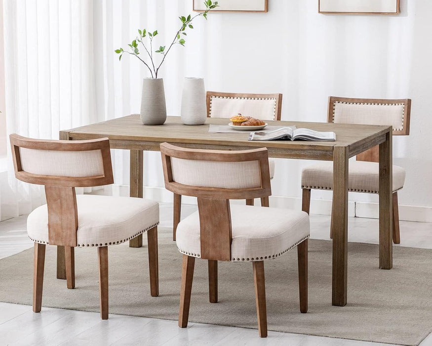 Mid Century Modern Dining Chairs Set of 4, Farmhouse Linen Fabric Upholstered Accent Chairs Curved Nailhead Trim Backrest Kitchen Chairs, with Hardwood Frame, Beige