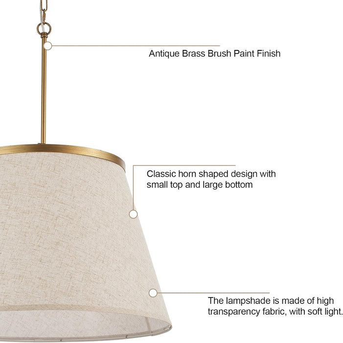 24" Boho Chandelier, Tapered Fabric Drum and Antique Gold Accents Paint Finish Shade Pendant Lighting for Nursery Room Dining Room Living Room Kitchen