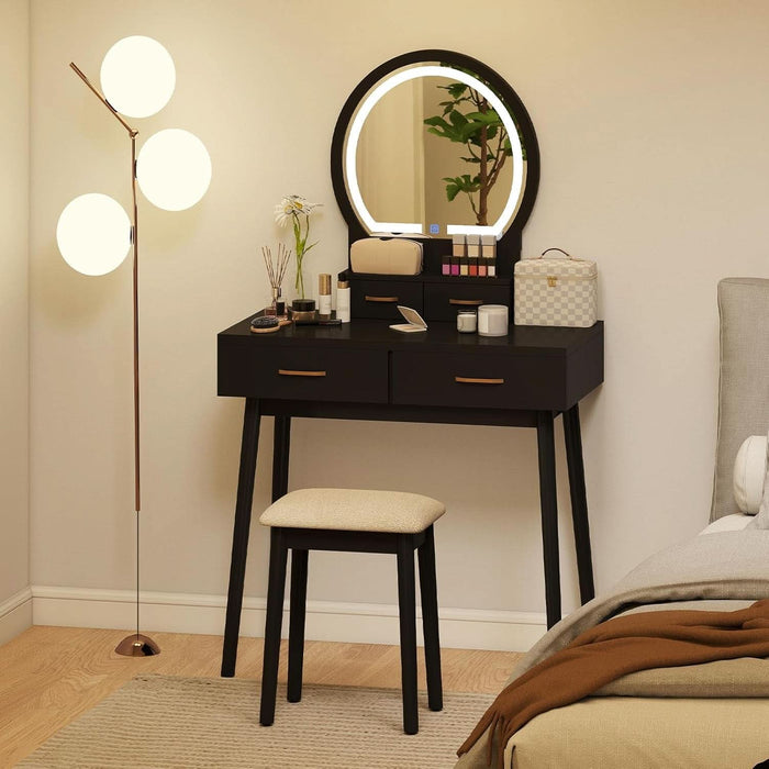 Vanity Desk with Mirror and Lights, Modern Makeup Vanity Table with 4 Drawers, 3-Color Dimmable LED Mirror, Girls Dressing Table and Stool Set for Small Bedroom (Black)