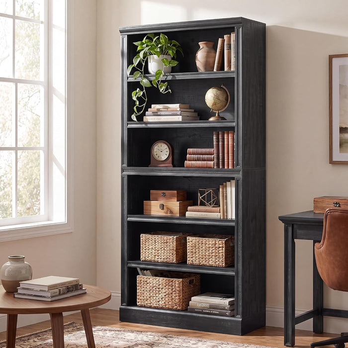 75.2" Tall Black Bookshelf, 6 Tier Large Bookcase W/Storage | Wooden Bookcase with Adjustable Shelves,6 Shelf Open Shelves, Floor Standing Display Storage Shelves for Living Room, Library