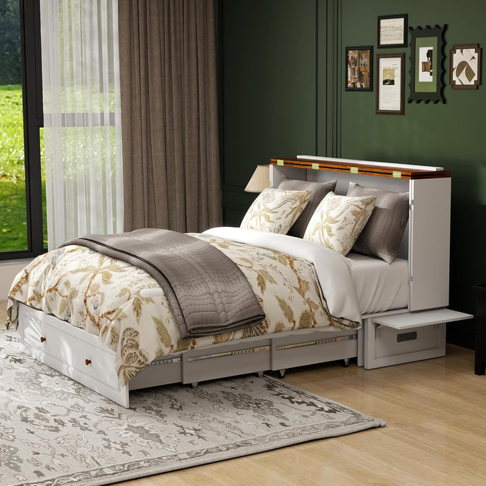 Queen Murphy Bed Included Mattress：Wood Murphy Bed Cabinet with USB Charging Station and Large Storage Drawer for Bedrooms/Guest Rooms/Apartments, White-1