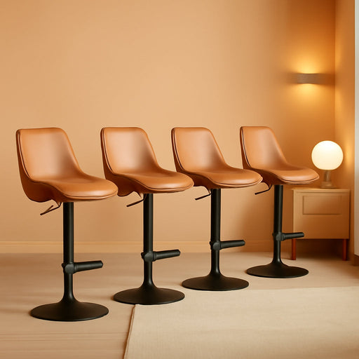 VASAGLE Bar Stools Set of 4, Adjustable Height Swivel Barstools with Ergonomic Backrest, Synthetic Leather, Larger Metal Base, Modern Tall Bar Chairs for Kitchen Island, Caramel Brown
