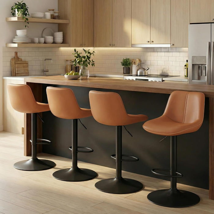 VASAGLE Bar Stools Set of 4, Adjustable Height Swivel Barstools with Ergonomic Backrest, Synthetic Leather, Larger Metal Base, Modern Tall Bar Chairs for Kitchen Island, Caramel Brown