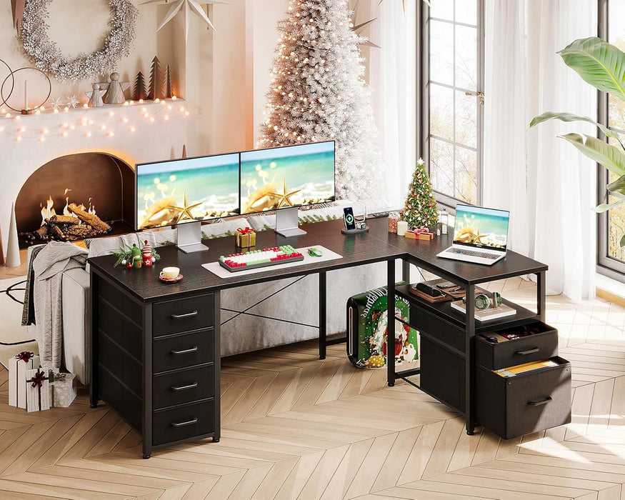 L Shaped Computer Desk with 6 Drawers & Power Outlet, 55 Inch Corner Desk with Reversible Storage Shelf & File Drawer, Home Office Desk, Black