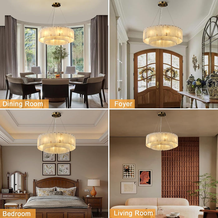 D23In Alabaster round Chandelier, Modern Marble Dining Room Chandeliers, 2 Tiers Brass Drum Pendant Light Fixtures, Gold Ceiling Light Chandelier for Living Room, Bedroom Lights, Foyer, Kitchen