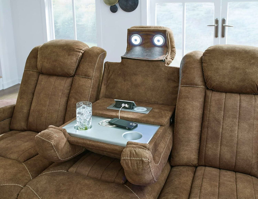 Wolfridge Contemporary Faux Leather Power Reclining Sofa with Drop down Table, LED Lights, Electrical Outlet, Wireless Charging, USB Ports and Cup Holders, Light Brown