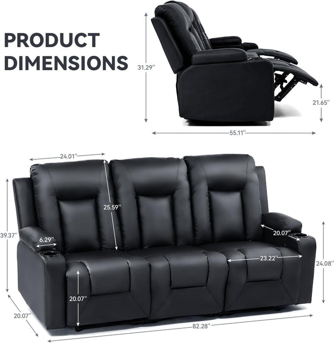 Recliner Chair Set, Furniture 3PC Bonded Leather Recliner Set Living Room Set, Sofa, Recline Chair (Black,Living Room Set 3)