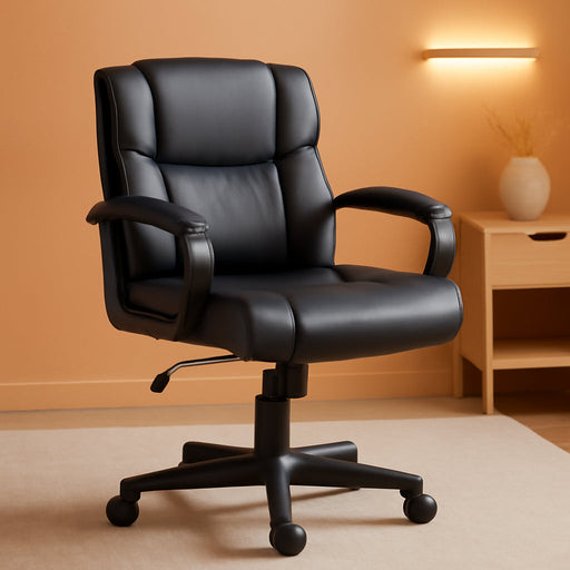 Office Computer Task Desk Chair with Padded Armrests, Mid-Back, Adjustable, 360 Swivel, Rolling, 275 Pound Capacity, BIFMA Certified, 24.2"D X 24"W X 34.8"H, Black Faux Leather